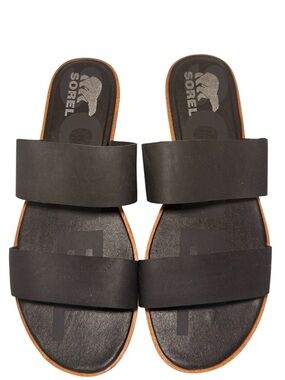 Sorel Ella II Black Leather Slide Sandals